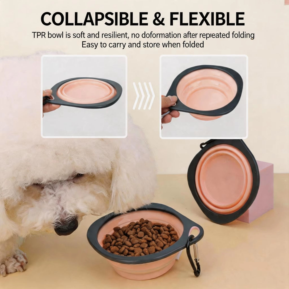 Gamelle pliable de voyage pour chiens et chats, en matière souple avec mousqueton