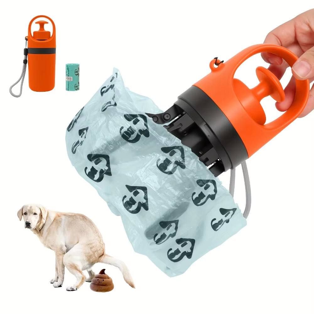 Distributeur de sacs à crottes orange et noir avec pince à 6 griffes et sac en place, dragonne et rouleau de sacs
