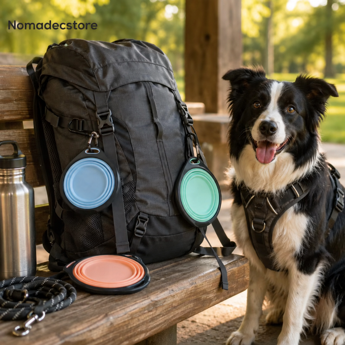 Gamelle pliable de voyage pour chiens et chats, en matière souple avec mousqueton