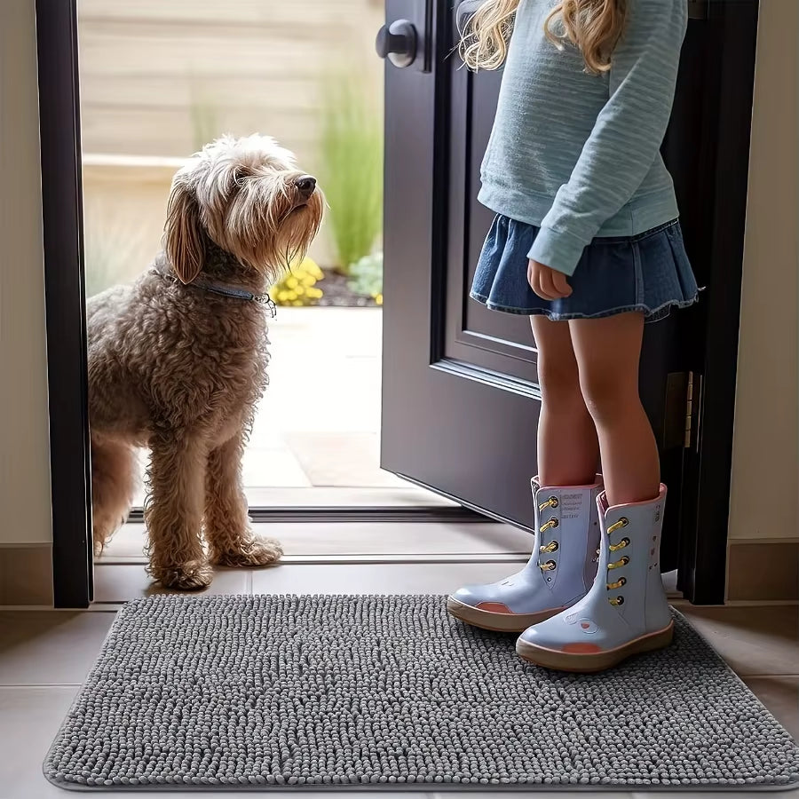 Chenille dog door mat shown in four available sizes