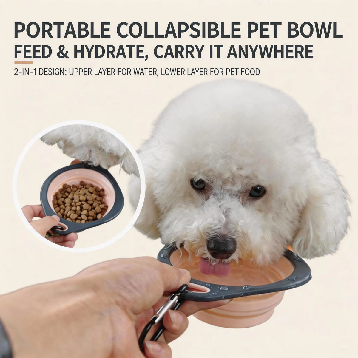Gamelle pliable de voyage pour chiens et chats, en matière souple avec mousqueton