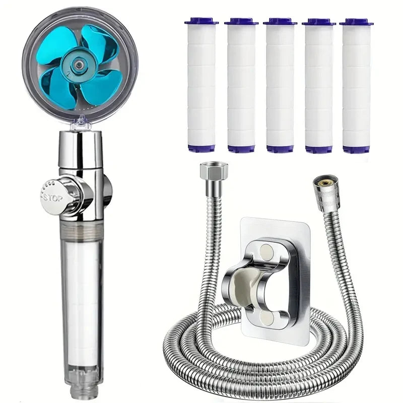 360° Rotating Turbine Fan Handheld Shower Head High Pressure Water Saving Spray Shower Filter Bathroom Accessories