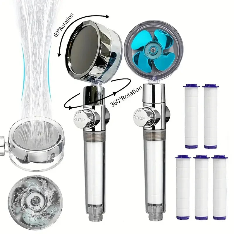 360° Rotating Turbine Fan Handheld Shower Head High Pressure Water Saving Spray Shower Filter Bathroom Accessories