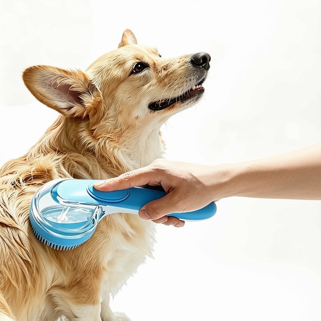 2-in-1 Dog Bath Brush with Soap Dispenser — Wash and Deshed in One Pass