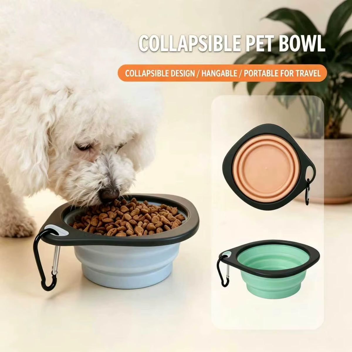 Gamelle pliable de voyage pour chiens et chats, en matière souple avec mousqueton