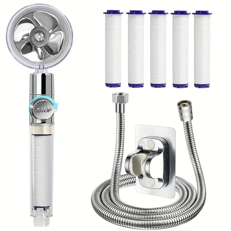 360° Rotating Turbine Fan Handheld Shower Head High Pressure Water Saving Spray Shower Filter Bathroom Accessories