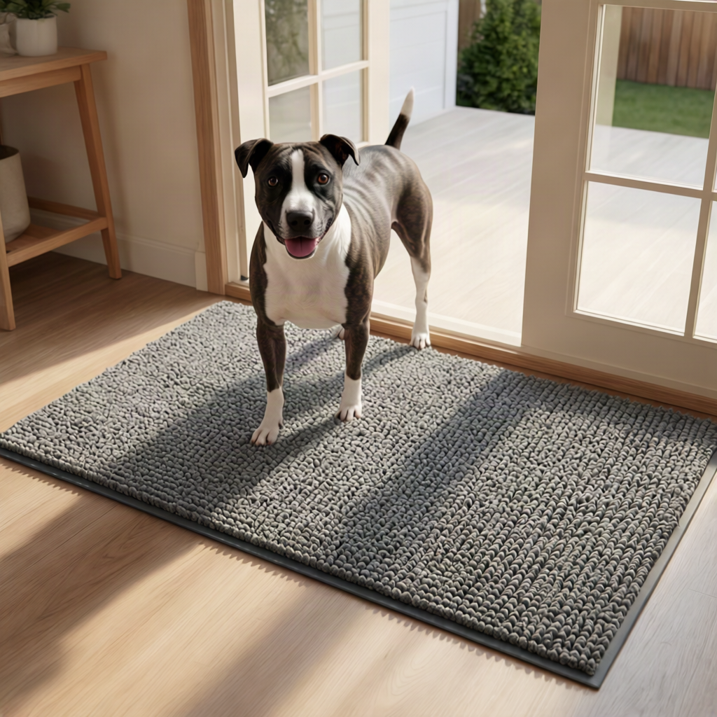 Absorbent dog door mat at a home entrance
